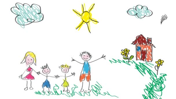 Ζωγραφική φτιαγμένη από ένα παιδί, ευτυχισμένη οικογένεια στην εξοχή, χαιρετισμός. Εικονογράφηση κινουμένων σχεδίων - Πλάνα, βίντεο