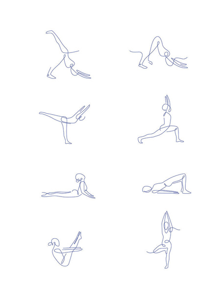 Pilates line art poses set. outline vector illustration. one line yoga poses collection. women make yoga and pilates. - Vector, Image