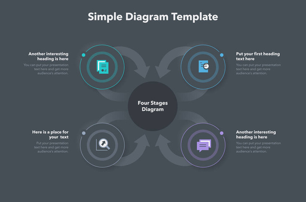Plantilla de diagrama simple con cuatro etapas - versión oscura. Fácil de usar para su sitio web o presentación. - Vector, Imagen