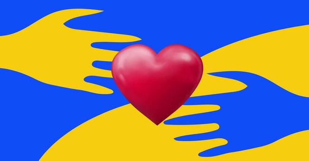 Digital composite of blue and yellow hands reaching for red heart shape against colored background. peace and unity concept. - Foto, Imagem