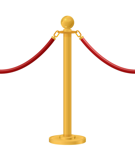 リトラクタブルベルラック。ポータブルテープバリア。黄金の台座の上に赤いロープを持つ赤いカーペット。独占イベント、映画プレミア、ガラ、儀式、賞のコンセプト。ベクトル - ベクター画像