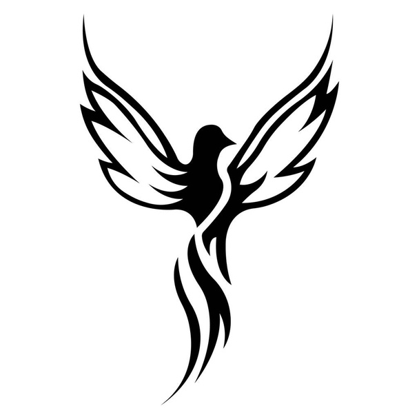 Sylwetka ognistego ptaka narysowanego czarnymi liniami na białym tle. Koliber tropikalny w liniowym stylu. Logo do druku, tatuażu, godła do projektowania firmy lub klubu. Wyizolowany wektor - Wektor, obraz
