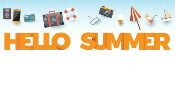 Het woord Hello Summer met iconen. Geanimeerde illustratie met tekst en kopieerruimte. Wat in te pakken voor een vakantie. Artikelen om mee te nemen.  - Video