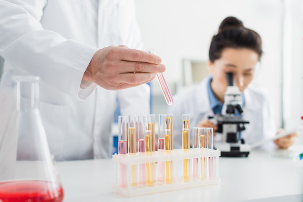 geneticist holding test tube near blurred woman working with microscope in lab - Fotografie, Obrázek
