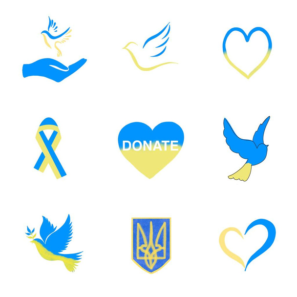 big set of ukrainian national symbols. Love Ukraine, emblems of national flag colored. Flag of Ukraine with heart shape - Photo, Image