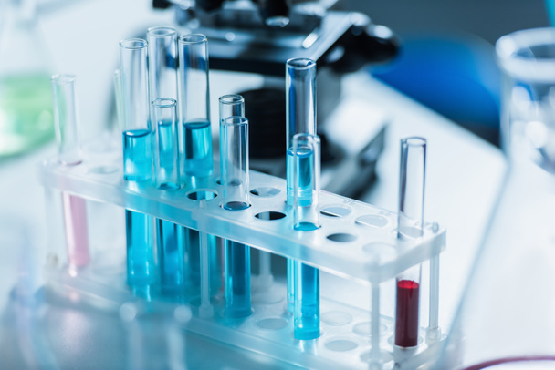 test tubes with liquid in chemical laboratory on blurred background - Фото, зображення