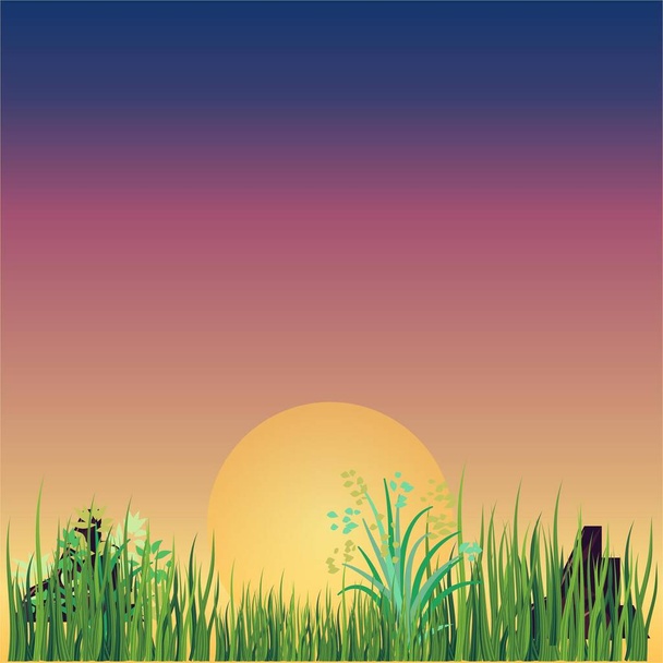 Sunset and Grass Wallpaper and Background Vector Illustration - Wektor, obraz