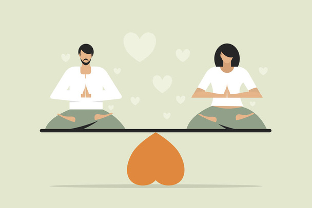Conceptual illustration of a meditating man and woman sitting on a wooden plank balancing over a love symbol - Vector, Image