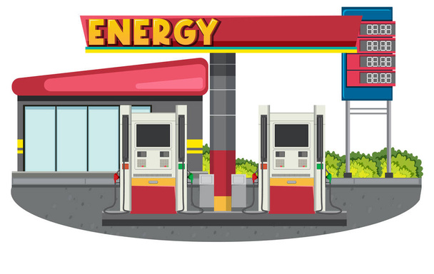 Scena stacji benzynowej na białym tle ilustracji - Wektor, obraz