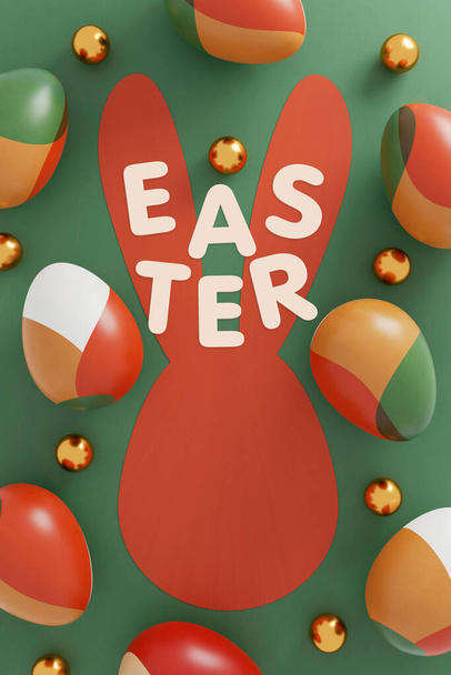 barevné velikonoční vajíčka a zlatý míč na červeném pozadí. Ležel. pohled shora. Veselý Velikonoční den. 3D ilustrace - Fotografie, Obrázek