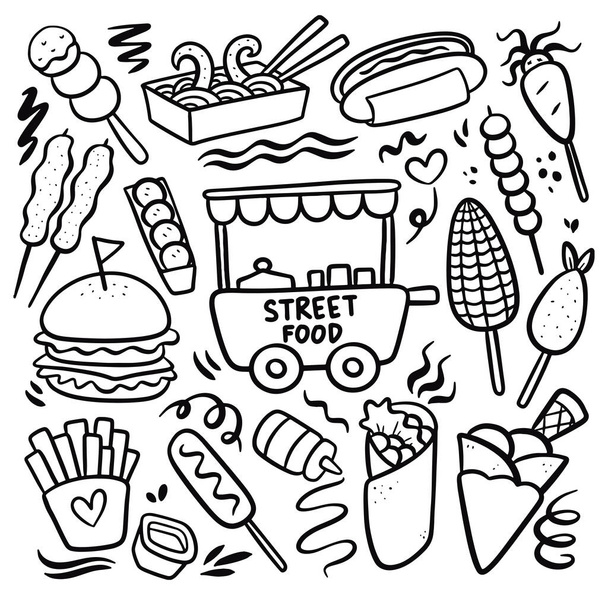 Zestaw pysznych Street Food Doodle Ilustracja - Wektor, obraz
