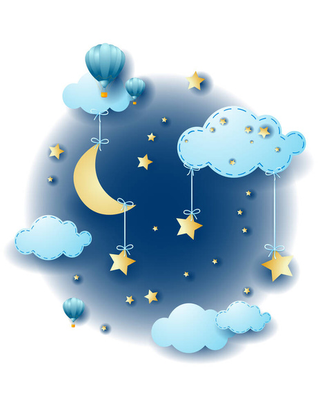 Paesaggio notturno con stelle pendenti e luna, illustrazione vettoriale eps10 - Vettoriali, immagini