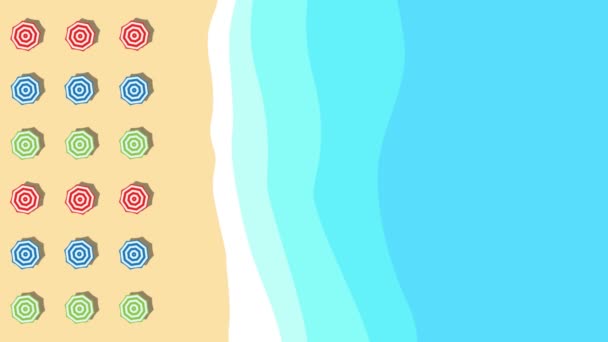 Animated summer vertical background. Beach and sea with umbrella and waves of sea,  aerial view of a beach in flat design. Loop footage - Metraje, vídeo