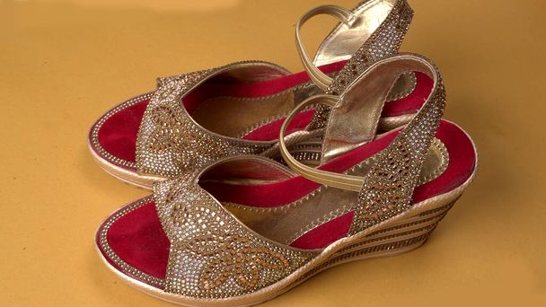 Bridal wedding sandals or shoes on beautiful background. Concept of Fashion style. Flat lay, Top view. - Photo, Image