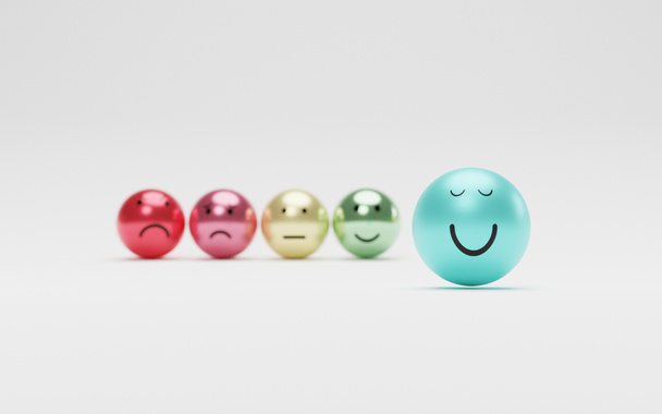 Glimlach gezicht in de voorkant van trieste en regelmatige emotie voor klanttevredenheid en positieve mindset denken en selectie concept door 3d renderen. - Foto, afbeelding