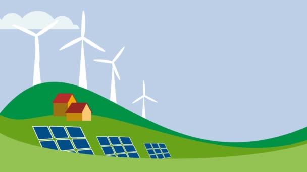 Una campagna in collina con case, pannelli solari e turbine eoliche. Sviluppo sostenibile, illustrazione animata con spazio per le copie. Riprese in loop 4k - Filmati, video