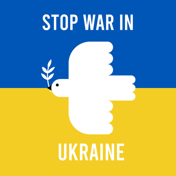 Detener la guerra en Ucrania. Paloma blanca volando con rama de olivo sobre fondo azul y amarillo. Símbolo de paz. Ilustración vectorial, diseño plano - Vector, imagen