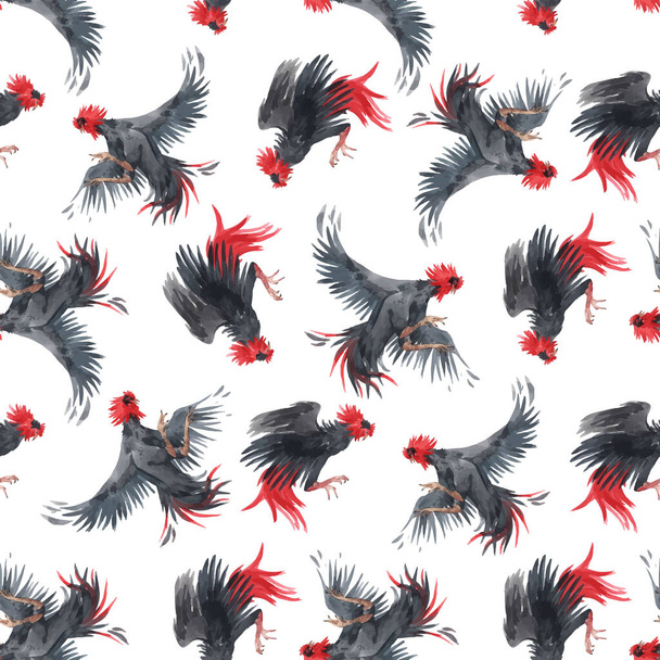 Beautiful vector seamless pattern with hand drawn watercolor black roosters. Stock illustration. - Vektor, kép
