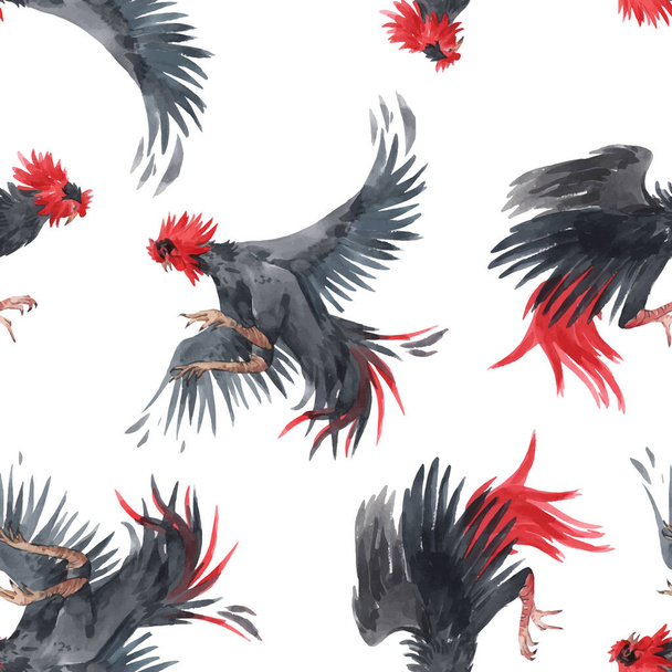 Beautiful vector seamless pattern with hand drawn watercolor black roosters. Stock illustration. - Διάνυσμα, εικόνα