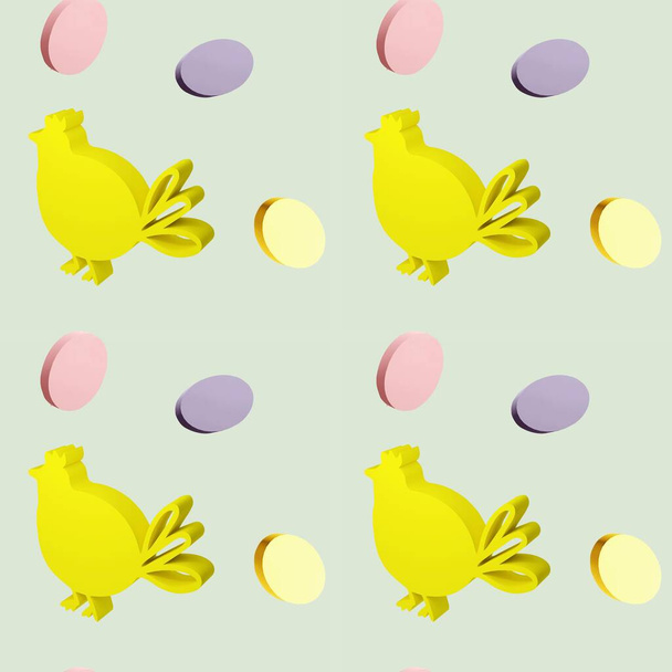 Modello senza cuciture con illustrazione 3d simbolo di Pasqua pollo e uova - Foto, immagini