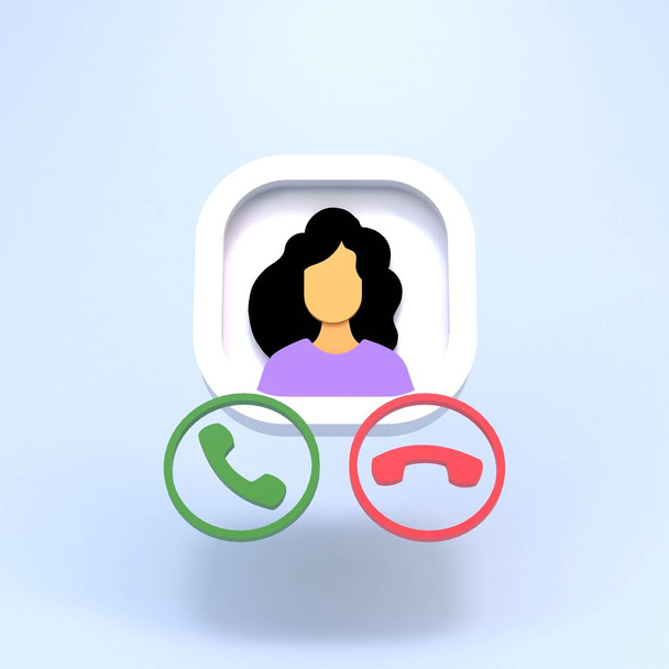 Icon of a woman and Buttons to pick up and drop a call. 3d render. - Photo, Image