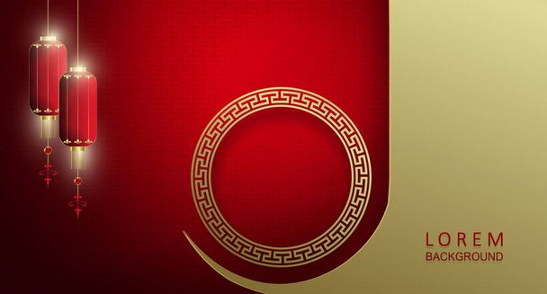 Red gradient background with a curtain and a round frame in golden hue, isolated lanterns. - Vector, Image