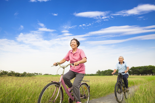 Happy Asian elderly seniors couple biking in farm - Photo, Image