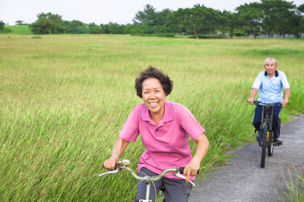 szczęśliwy seniorów azjatyckich kilka rowerowych w parku. - Zdjęcie, obraz