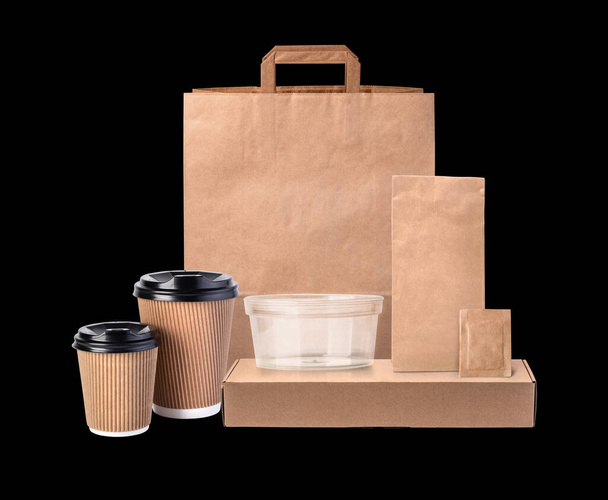 Cardboard packaging set. Pizza, burger and fast food delivery boxes and packs, blank shopping bags. Disposable coffe cup, takeaway package mockups. - Fotografie, Obrázek