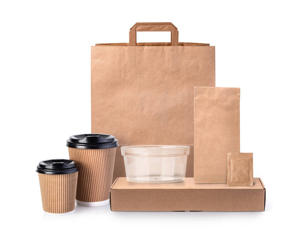 Cardboard packaging set. Pizza, burger and fast food delivery boxes and packs, blank shopping bags. Disposable coffe cup, takeaway package mockups. - Fotoğraf, Görsel
