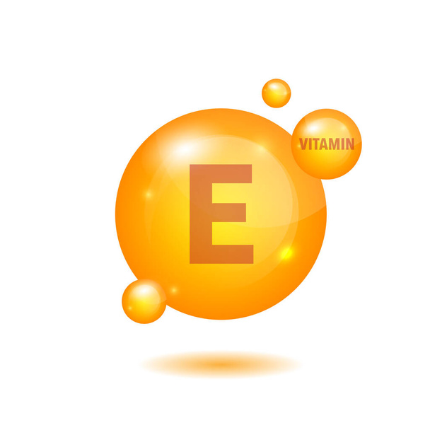 Zářící ikona vitamínu E. Kyselina askorbová. Kapka zářící zlaté látky. Výživová péče. Vektorové  - Vektor, obrázek