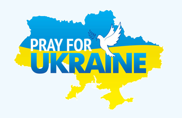 地図と平和の鳩とウクライナの国旗とウクライナのスローガンのために祈る。バナーは、ウクライナに対するロシアの戦争を停止するために呼び出します。国際抗議ポスター。透明感のないベクトルeps8のイラスト. - ベクター画像