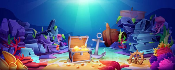 Cartoon underwater world with open pirate treasure chest - Вектор,изображение