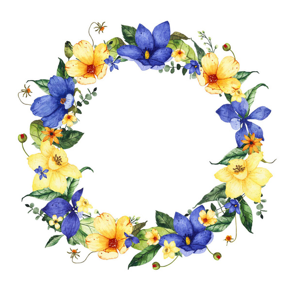 Corona floral de verano acuarela con flores silvestres amarillas azules aisladas - Foto, Imagen