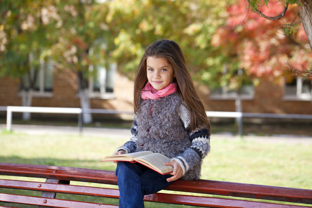 Beautiful little girl sitting on a bench  - Фото, зображення