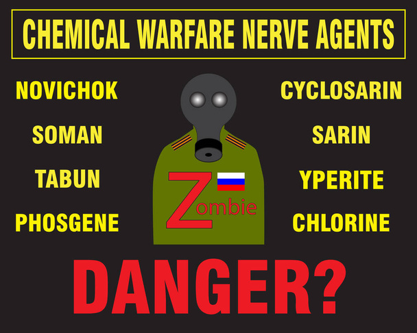 ロシア兵は頭にガソリンマスクをしており、胸にはロシア国旗のゾンビの碑文、制服にはジョージリボンが描かれている。化学兵器の危険性。物質一覧. - 写真・画像