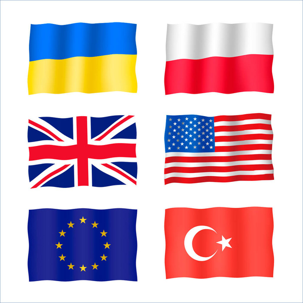 Sada s vlnícími se vlajkami. Ukrajina, Velká Británie, Polsko, americké, turkyně a vlajky Evropské unie. - Fotografie, Obrázek