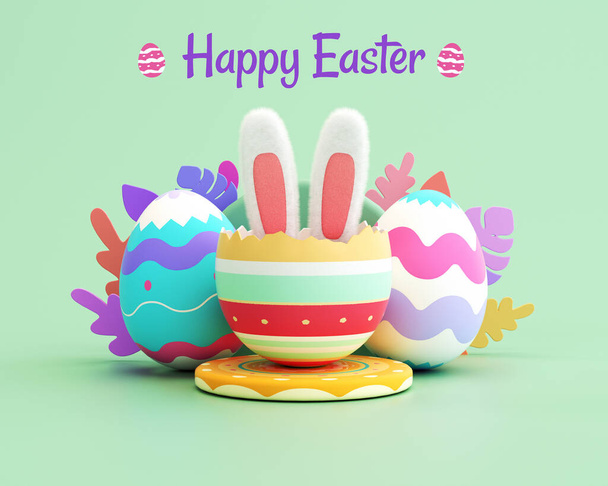 Happy Easter card design template with painted eggs and rabbit ears in pastel colors. Colorful modern cartoon style. Poster, greeting card background in 3D illustration - 写真・画像