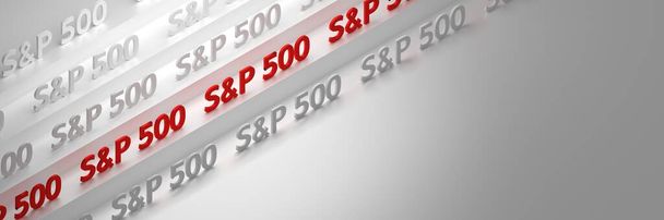 Wide banner with S&P 500, s and p 500 words arranged isometrically on white background with copy blank space. 3d render. - Фото, изображение