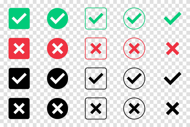 Zelená zaškrtávací značka a červená ikona křížová značka nastaveny. Izolované symboly klíšťat. Kontrolní seznam. Schvalovací odznak. Plochý a moderní šachovnicový design. Vektorová ilustrace - Vektor, obrázek