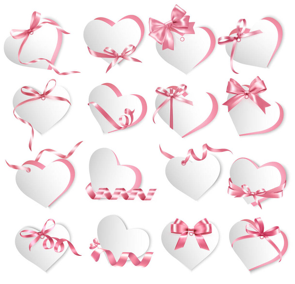 Set of beautiful gift shape heart cards with pink gift bows and ribbons. Vector illustration.  - Vektör, Görsel