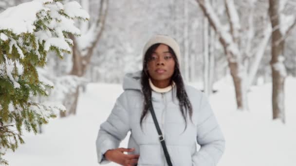 Beyaz ceketli genç siyah kadın kış ormanlarında yürüyor. - Video, Çekim