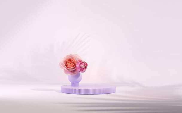 3D podium display, pastel purple and very peri background with rose flowers and palm leaf shadow. Minimal pedestal for beauty, cosmetic product. Mother's day, feminine copy space template 3d render - Photo, image