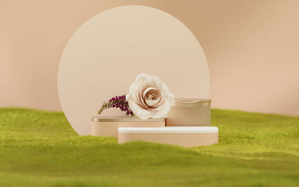 Krásný podstavec s béžovým pódiem, kulatý rámeček, růžový květ se světlem a zrcadlem. Zelené trávníkové pole. Propagace kosmetických a kosmetických výrobků. Letní krajinná maketa, abstraktní 3D vykreslování - Fotografie, Obrázek