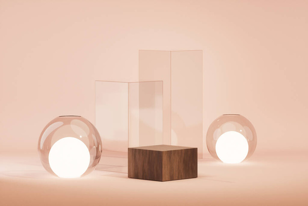 Minimal scene with wooden podium and spherical lights on the floor. Podium and abstract cosmetic background for beauty. Coral pink colors scene. Feminine copy space template 3d render - Fotografie, Obrázek