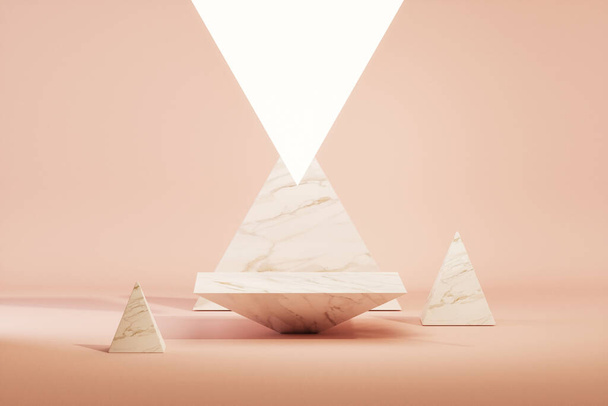 Minimal scene with stone podium and triangle lights on the floor. Abstract cosmetic background for beauty. Pastel pink colors scene. Feminine copy space template 3d render - Photo, Image