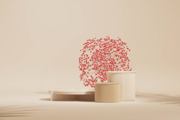 Affichage 3D podium, crème pastel et fond beige avec feuilles, fleurs et vases décoratifs. Socle minimal pour la beauté, le produit, la mode. Modèle d'espace de copie femelle rendu 3d - Photo, image