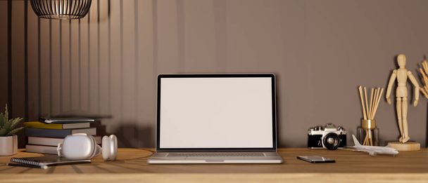 Espaço de trabalho moderno com notebook laptop, câmera, fone de ouvido, livro e acessórios em mesa de madeira. Close-up, renderização 3d, ilustração 3d - Foto, Imagem