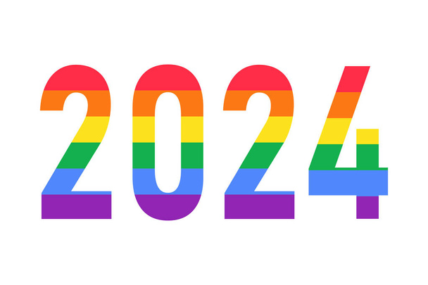 2024 jaar logo in regenboog LGBTQ vlag kleuren geïsoleerd op wit. Vector symbool van LGBTQ gay trots maand, geschiedenis maand - Vector, afbeelding