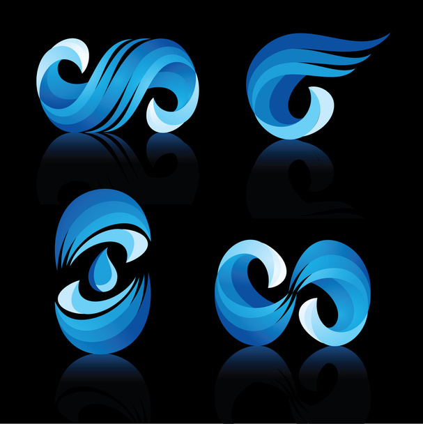 Wellen- und Wassersymbole mit Reflexion auf schwarzem Hintergrundvektor - Vektor, Bild